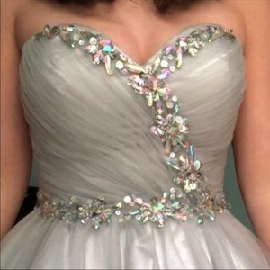 Grey sequined short strapless prom dress